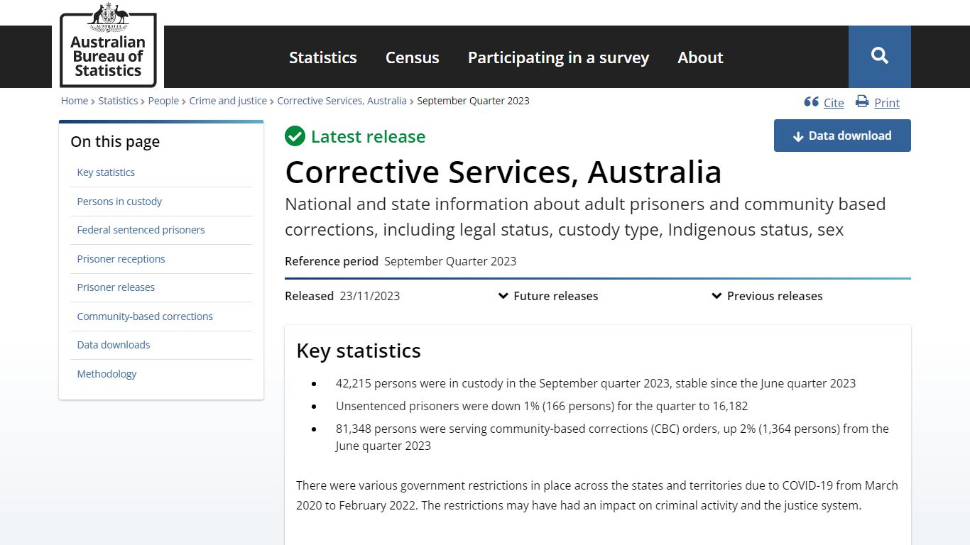 Corrective Services, Australia, September Quarter 2023